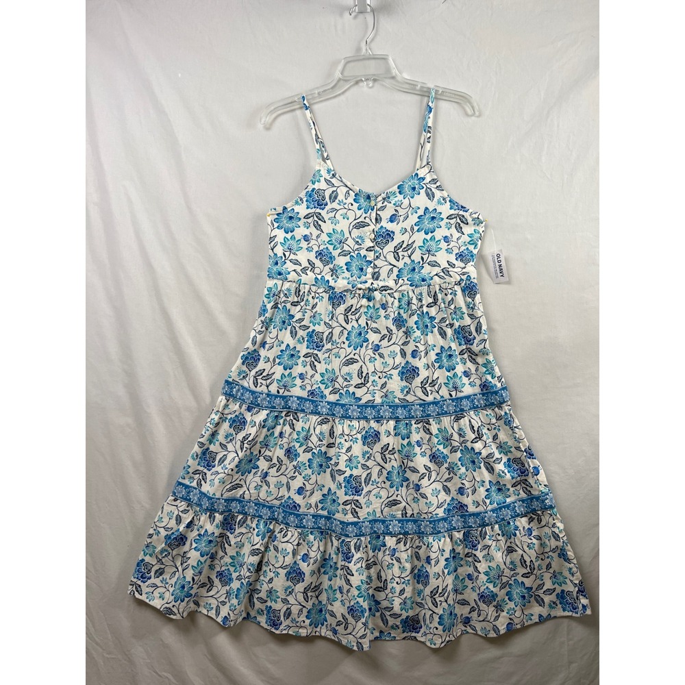 Old Navy Cami Dress Womens XL Blue Floral Tiered Cotton Blend Sun Dress NEW